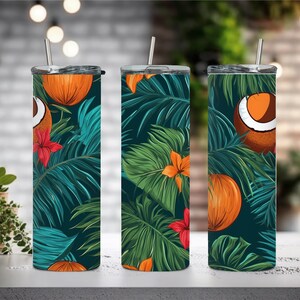 May include: Three stainless steel tumblers with a tropical print featuring coconuts, palm leaves, and red flowers. The tumblers are all the same design but have different positions of the print.