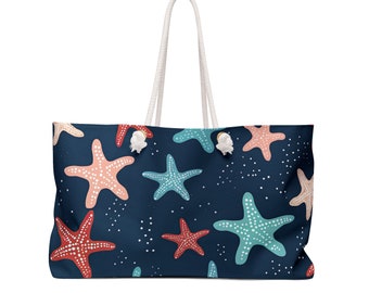 Beach Bag Oversized Star Fish Tote Pool Summer Weekender Bag Ocean Summer bag for beach Art graphic bag large shoulder bag navy with stars