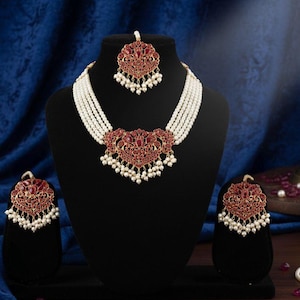 Handmade Gold Plated Ruby Pearl Choker Set with Tikka