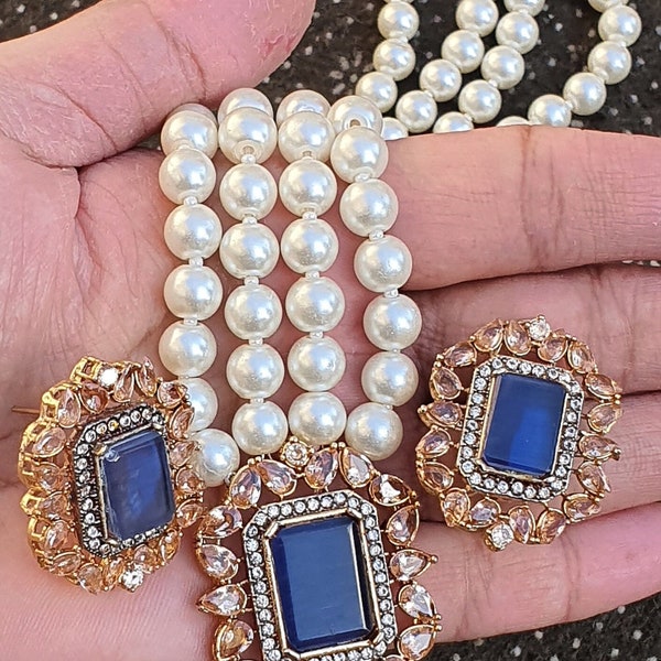 Designer handmade 18ct Gold plated Diamond-cut, Zirconia, Pearl necklace set.