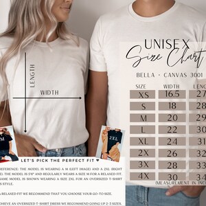 May include: Unisex size chart for Bella + Canvas 3001 t-shirts. The chart shows the width and length in inches for sizes XS to 4X.