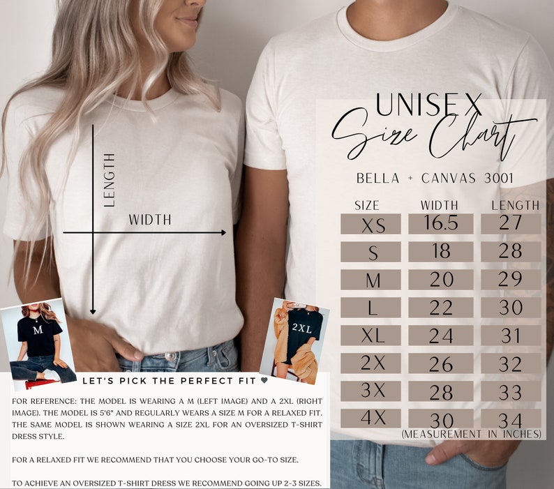 May include: Unisex size chart for Bella + Canvas 3001 t-shirts. The chart shows the width and length in inches for sizes XS to 4X.