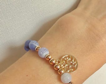 Bransoletka z koralików z agatu w paski, matowa, spękana, z kamieni szlachetnych, bransoletka z kamieni szlachetnych, bransoletka z koralików wypełniona 14-karatowym złotem, elastyczna bransoletka