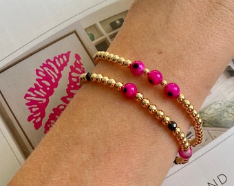 14K Gold Filled Bead Bracelet, Black Spinel Bead, Pink Evil Eye Bead Bracelet, Beaded Bracelet, Elastic Bracelet