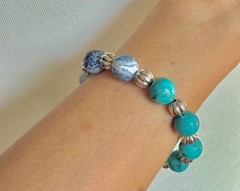 Bransoletka z koralików z turkusu, bransoletka z koralików z agatu, bransoletka z biżuterią, elastyczna bransoletka