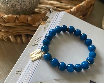 Bransoletka z fasetowanego niebieskiego agatu, Bransoletka z koralików z kamieni szlachetnych, Bransoletka z okrągłych koralików o średnicy 10 mm, Biżuteria dla kobiet, Biżuteria dla niej