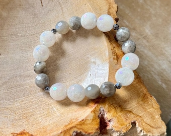 Bransoletka z koralików z labradorytu, bransoletka z koralików z mistycznego agatu, bransoletka z hematytu, elastyczna bransoletka