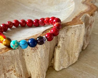 Bransoletka z 7 kamieniami czakr, bransoletka z czerwonym jaspisem, bransoletka z koralikami, elastyczna bransoletka