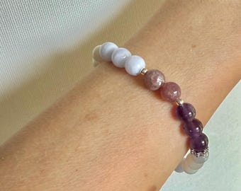 Bransoletka na menopauzę dla kobiet: ametyst, kamień księżycowy, lepidolit, niebieski chalcedon, bransoletka z koralików 8 mm, ręcznie robiona bransoletka, elastyczna bransoletka