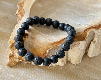 Bransoletka męska z lawy i matowego czarnego onyksu: koralik z naturalnego kamienia szlachetnego