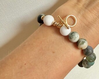 Bransoletka z matowych koralików z agatu drzewiastego, bransoletka z koralików z białego jadeitu, bransoletka z okrągłych koralików z kamieni szlachetnych o średnicy 10 mm, elastyczna bransoletka
