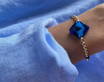 Niebieski szklany wisiorek, 14-karatowa złota wypełniona koralikami bransoletka, elastyczna bransoletka, biżuteria