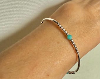 Bransoletka z koralików ze srebra próby 925, zakrzywiona rurka ze srebra próby 925, bransoletka z koralików z amazonitu, ręcznie robiona elastyczna bransoletka, biżuteria