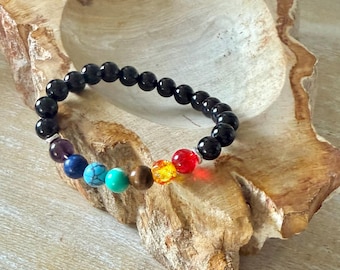 Bransoletka z 7 kamieniami czakr, bransoletka z kamieniami szlachetnymi z czarnego onyksu, bransoletka z koralików, elastyczna bransoletka