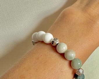 Bransoletka z matowych koralików z agatu drzewiastego, bransoletka z koralików powlekanych lawą, bransoletka z barwionych koralików z jadeitu, elastyczna bransoletka