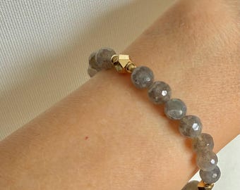 Bransoletka z koralików z labradorytu, bransoletka z koralików z kamieni szlachetnych, bransoletka wypełniona 14-karatowym złotem, elastyczna bransoletka