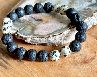 Bransoletka męska z naturalnego kamienia lawy i jaspisu, bransoletka z koralików lawy, bransoletka z koralików z jaspisu dalmatyńskiego, prezent, elastyczna bransoletka