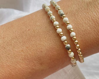 Zestaw 2 bransoletek z koralików, bransoletka z koralików wypełniona 14-karatowym złotem, bransoletki z koralików howlitowych, bransoletka z kamieni szlachetnych, bransoletki elastyczne