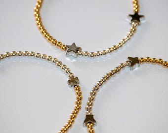 Bransoletka z koralików z 14-karatowego złota, Bransoletka z koralików ze srebra próby 925, Mosiężny koralik w kształcie motyla, Mosiężny koralik w kształcie gwiazdy, Mosiężny koralik w kształcie koniczyny z liściem szczęścia, Elastyczna