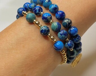 Bransoletka z koralików Jasper Gemstone 8 mm, Bransoletka z koralików wypełniona 14-karatowym złotem, Bransoletka z koralików z kamieni szlachetnych, Bransoletka z okrągłych koralików, Bransoletka elastyczna