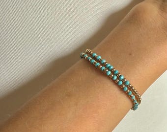 Zestaw 2 bransoletek z koralików, bransoletki z turkusowymi kamieniami szlachetnymi, bransoletka z koralików wypełniona 14-karatowym złotem, bransoletki z koralików, bransoletki elastyczne