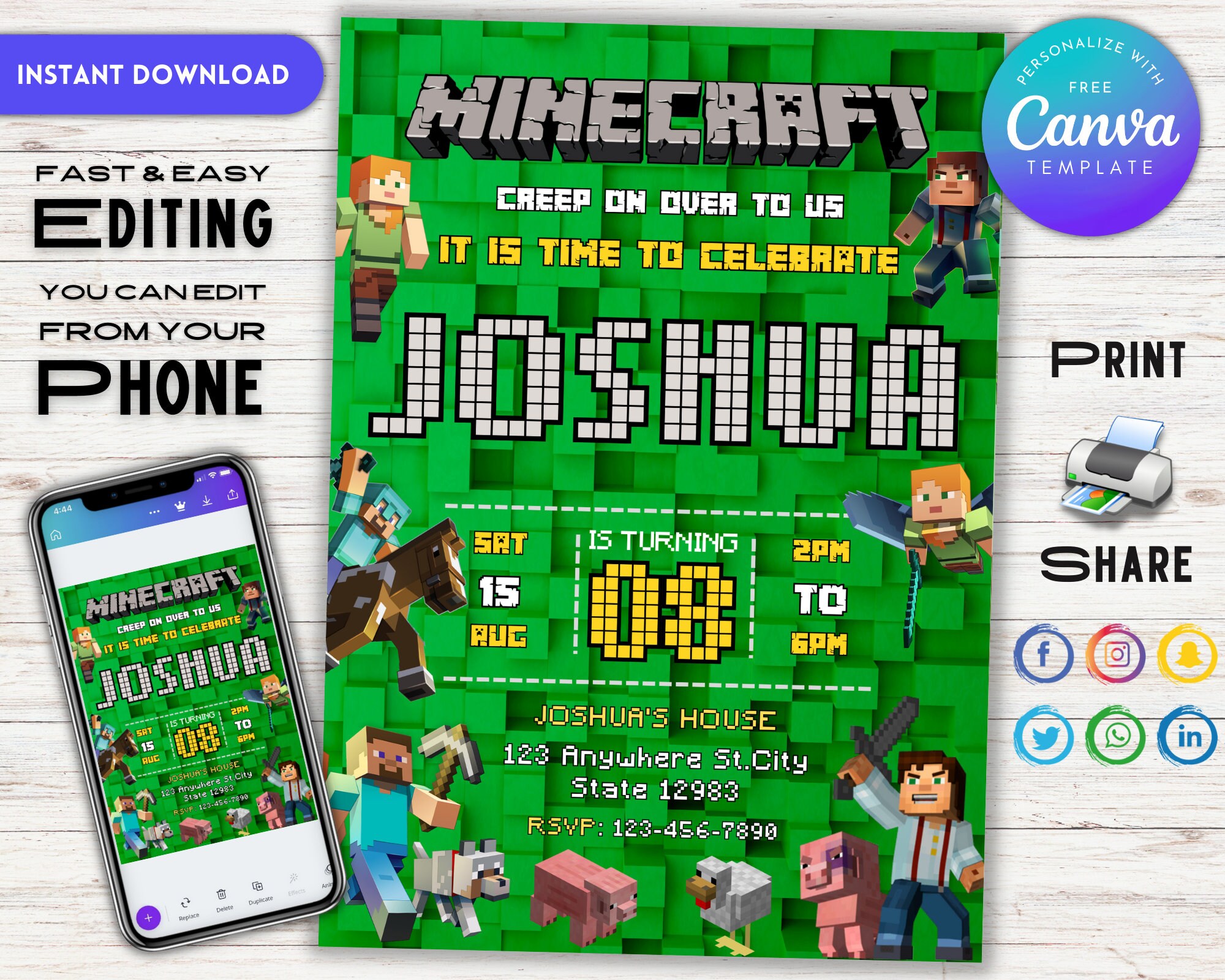 Editable Minecraft Birthday Invitation Template Printable - Etsy