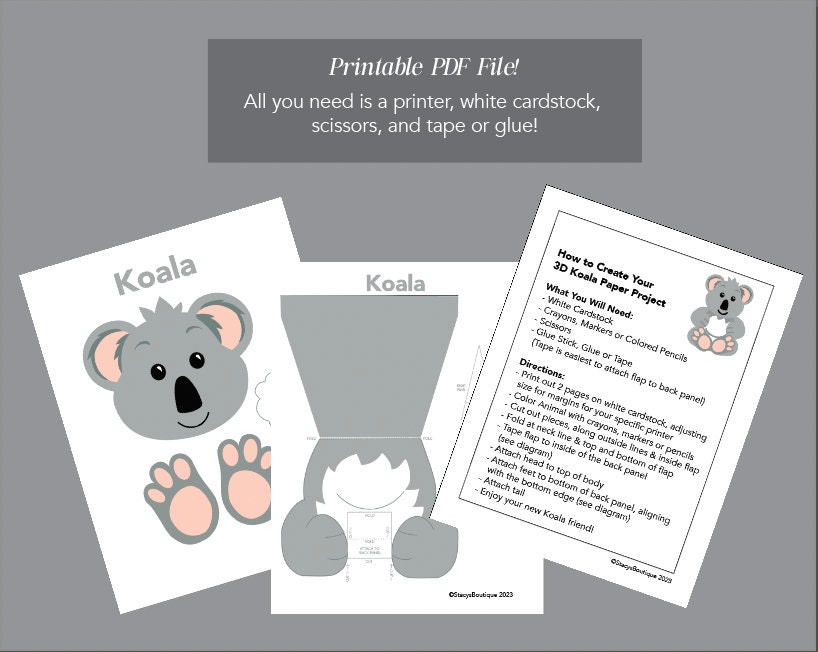 Koala Printable 3D Craft Activity for Kids, Digital Download Craft ...