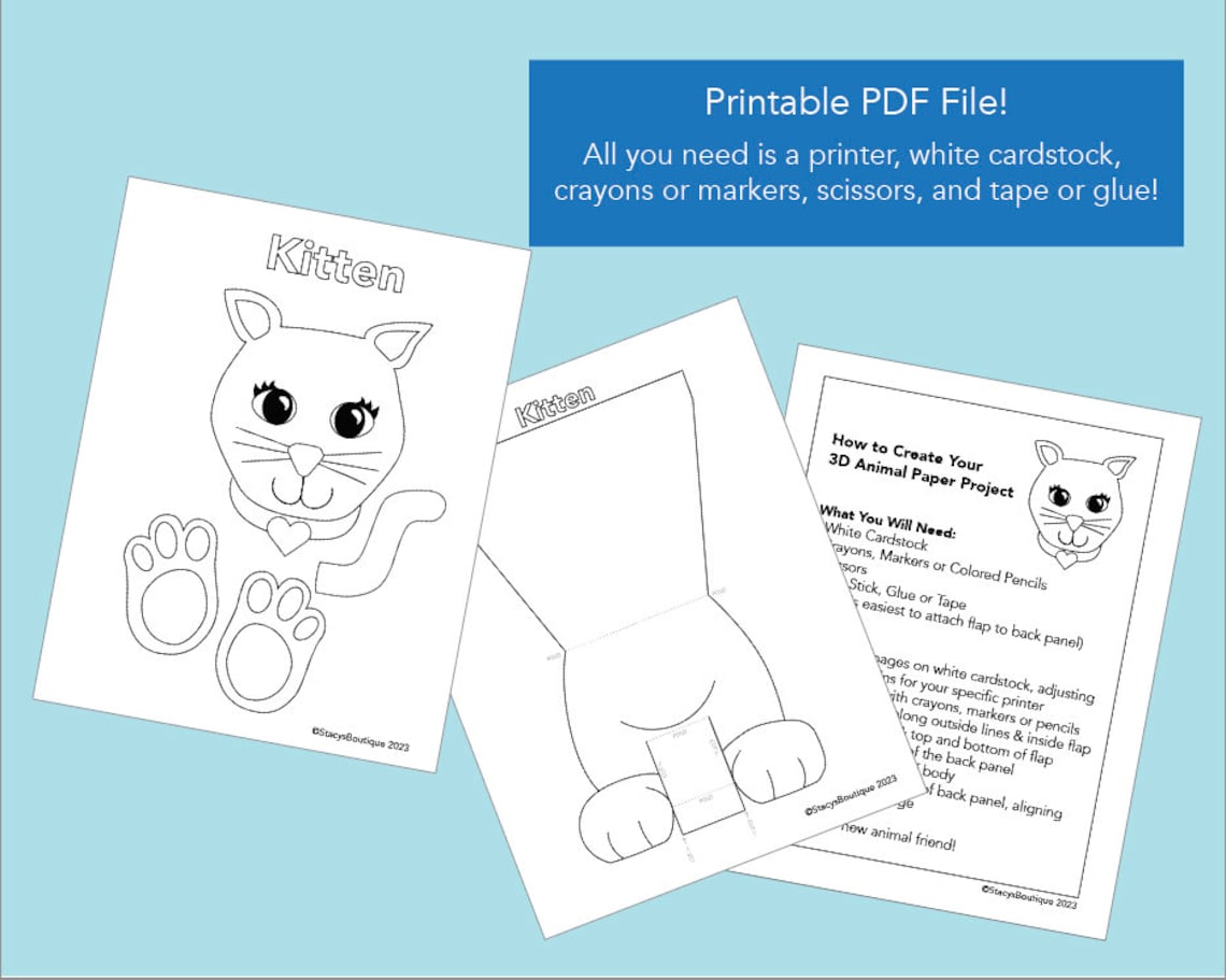 Kitten Paper Craft Printable, Coloring Activity for Kids (digital ...