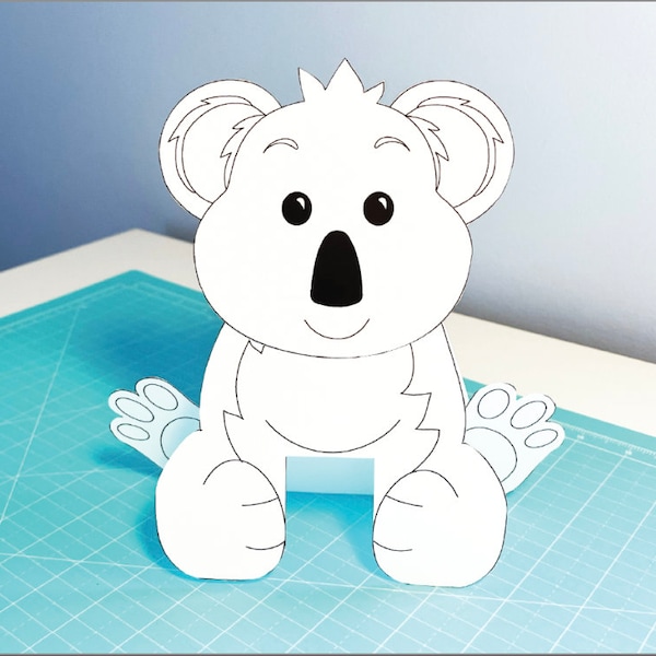 Koala printable coloring craft for kids, digital download coloring craft, easy 3D paper craft, rainy day kids activity, Koala party decor