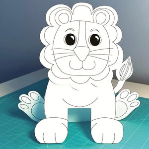 Atividade de colorir para impressão de leão para crianças, download digital para colorir, leão de papel 3D fácil de fazer, atividade em dias chuvosos, festa de animais do Lion Zoo