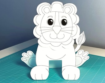 Lion printable coloring activity for kids, digital download coloring, easy to make 3D paper lion, rainy day activity, Lion Zoo animal party