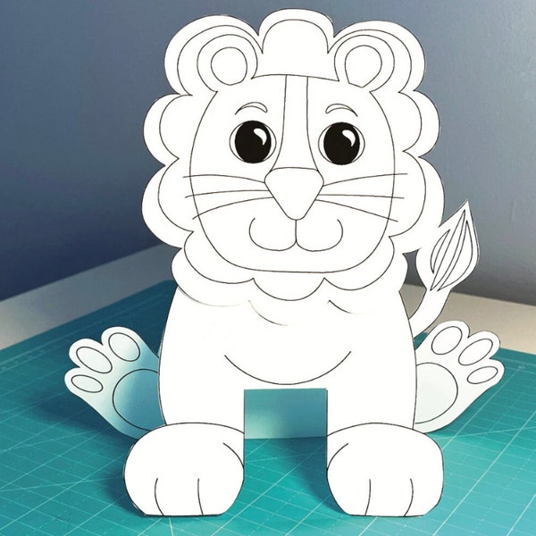 Löwe druckbare Ausmalaktivität für Kinder, digitaler Download zum Ausmalen, einfach zu machen 3D-Papierlöwe, Regentagaktivität, Löwenzoo-Tierparty