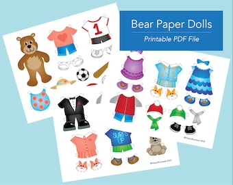 May include: Printable paper doll set featuring a brown bear with various outfits, including a soccer uniform, a tuxedo, a swimsuit, and a surfer outfit. The set also includes accessories like hats, shoes, and a soccer ball.