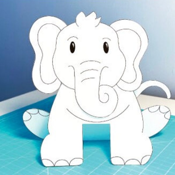 Elephant printable 3D coloring activity for kids, digital download coloring, easy to make fun paper craft, zoo animal party