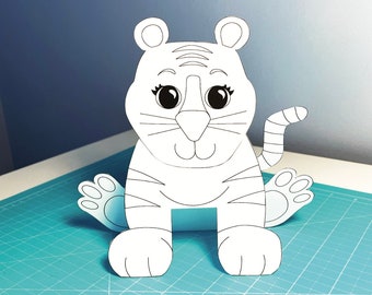 Tiger printable coloring craft for kids, digital download coloring, easy 3D paper craft, rainy day kids activity, Tiger party decorations