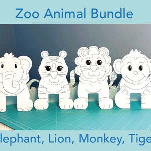 Zoo animal printable coloring craft for kids, digital download elephant, lion, tiger, elephant, monkey easy paper craft, rainy day kids acti