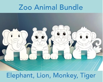 May include: A printable set of four black and white zoo animal cutouts: an elephant, a lion, a monkey, and a tiger. The animals are all standing on their hind legs with their front legs outstretched. The animals are all facing forward and have simple, cartoon-like features. The text "Zoo Animal Bundle" is at the top of the image, and the text "Elephant, Lion, Monkey, Tiger" is at the bottom of the image.