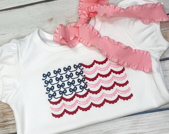Fourth of July Bow Flag America USA Embroidered Ruffle Shirt
