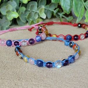 Chakra Stackable Macrame Bracelet,  Genuine Natural Stones,  Multi Gemstone, Handmade & Adjustable, Colorful Strings, Rainbow Bracelet