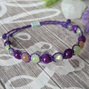 Genuine Sugilite, Sunstone, Labradorite and Calcite Gemstones, Hand Crafted Macrame Bracelet, Chakra Alignment