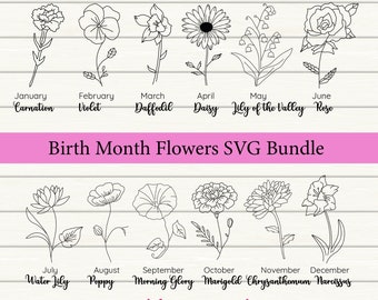 Birth Flower SVG Bundle, Hand-Drawn Botanical Designs (Digital Download)