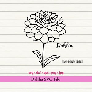 May include: A black and white line drawing of a dahlia flower with leaves and the word "Dahlia" written in cursive below the flower. The text "HAND DRAWN DESIGN" is below the word "Dahlia".
