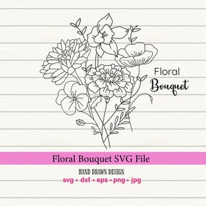 Ramo de flores SVG, ramo de flores SVG, tatuaje de flores svg, ramo de flores clipart, flores silvestres svg, amapola, violeta, caléndula, uso comercial