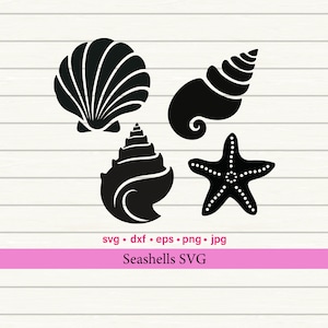 May include: A set of four black silhouette SVG cut files featuring a seashell, a starfish, and two different types of seashells.