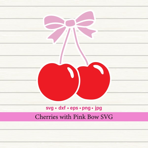 Cherry with Bow SVG, Cherries Bow PNG, Cherry SVG, Coquette Aesthetic svg, Commercial Use, Cherries Clipart, Fruit svg,  Red Cherry Pink Bow