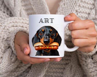 A quirky mug featuring a weiner dog with a hot dog, adding a playful touch to your collection. Perfect for dog lovers and creative souls!