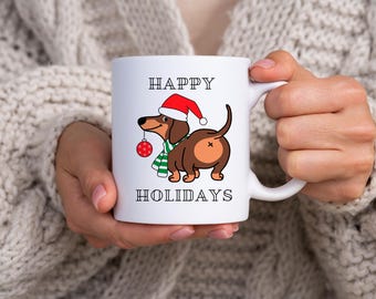 Celebrate the season with this adorable wiener dog in holiday spirit! Perfect for cozying up with hot cocoa. Happy Holidays!