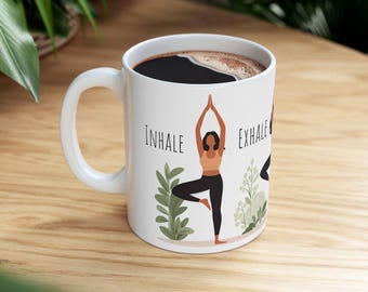 Yoga Poses Floral Illustration Mug | Inhale - Exhale - Sip- Repeat Ceramic Mug