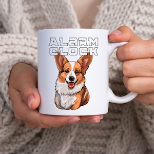 Funny Corgi alarm clock mug with adorable ears – double-sided design for dog lovers who need a laugh!