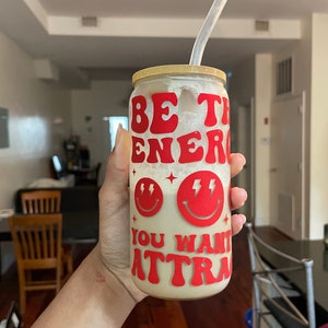 Be the energy you want to attract - Libbey beer can glass w/ wooden lid and glass straw